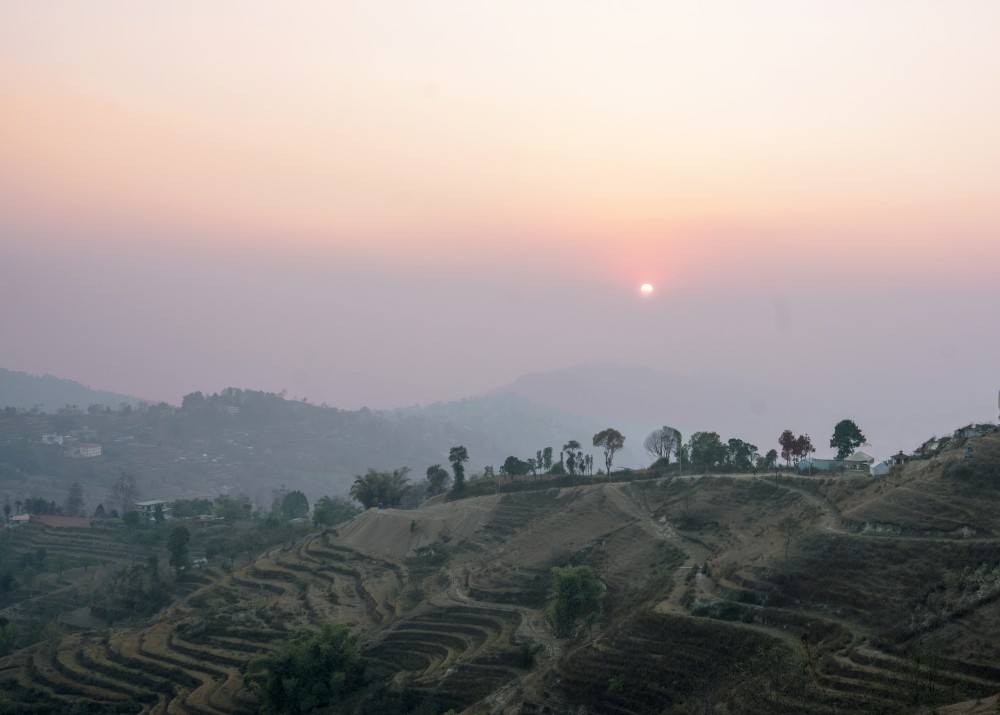 nepal nagarkot terrace farm sunset